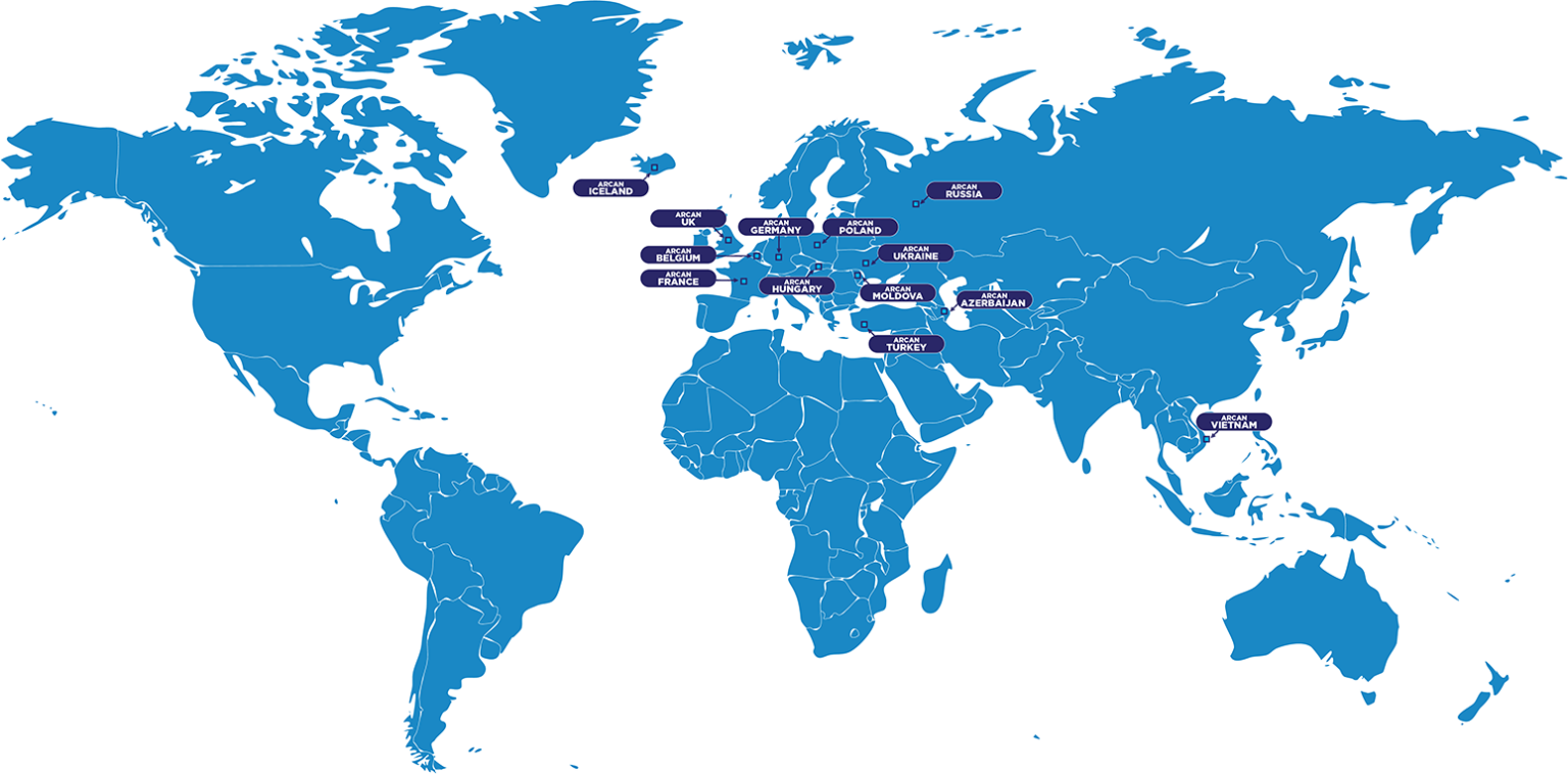ARCAN-Weltkarte Germany, Belgium, France, Hungary, Poland, Russia, Ukraine, Vietnam, Moldova, Azerbaijan, Turkey, Island, United Kingdom
